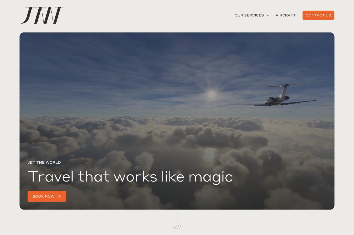 The jettheworld.com home screen at desktop width: the JTW mark top left, and a full-bleed hero of a jet above the clouds with the headline ‘Travel that works like magic’ and a Book now button.