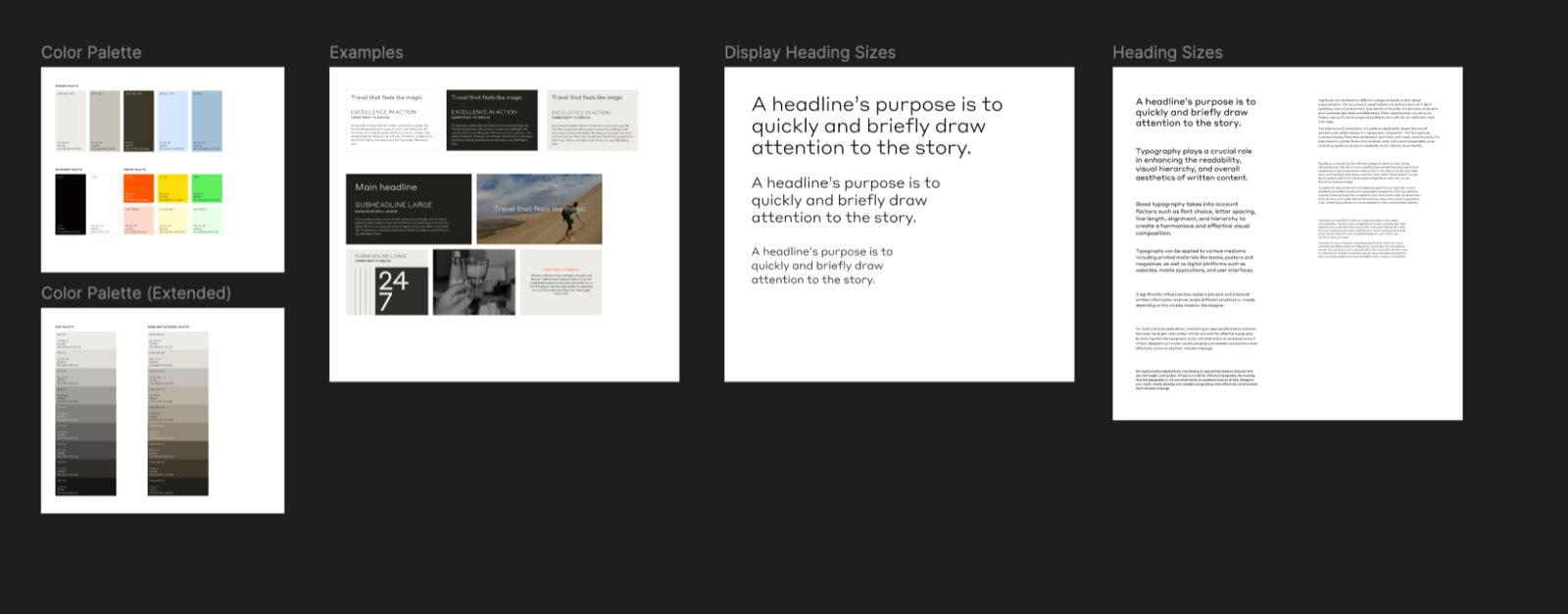 The extended design system: primary, secondary, and tertiary color palettes, layout examples, and heading sizes, laid out on a dark board.