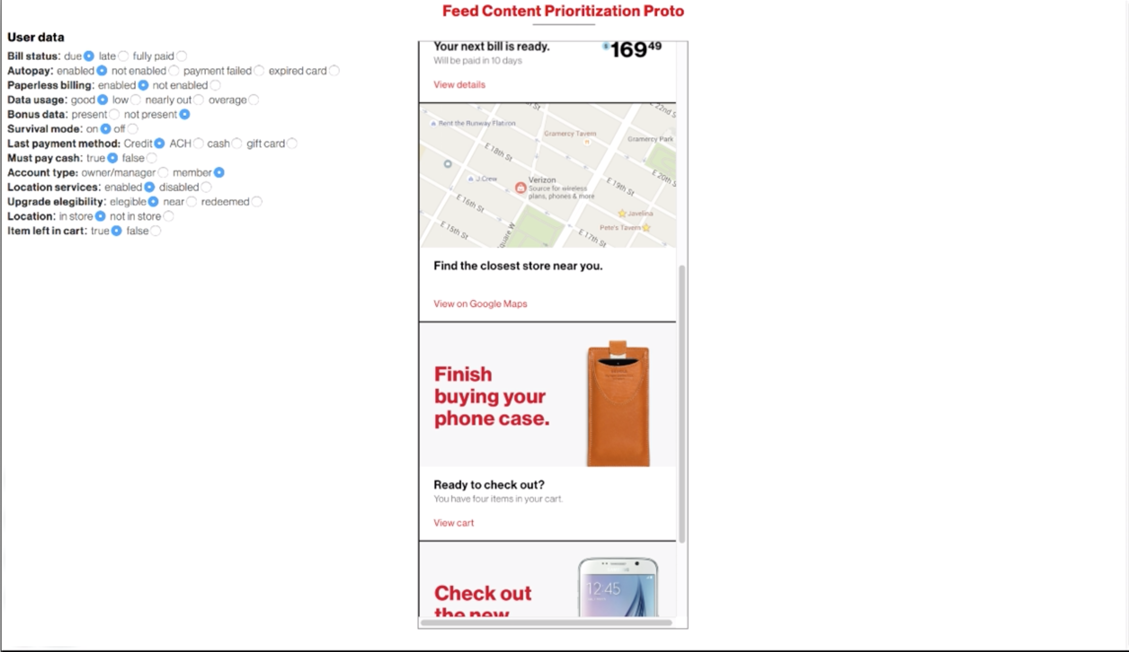 The feed prototype, built with AngularJS, allowed business stakeholders to intuitively understand how the feed would change and reorder depending on a user’s account status.