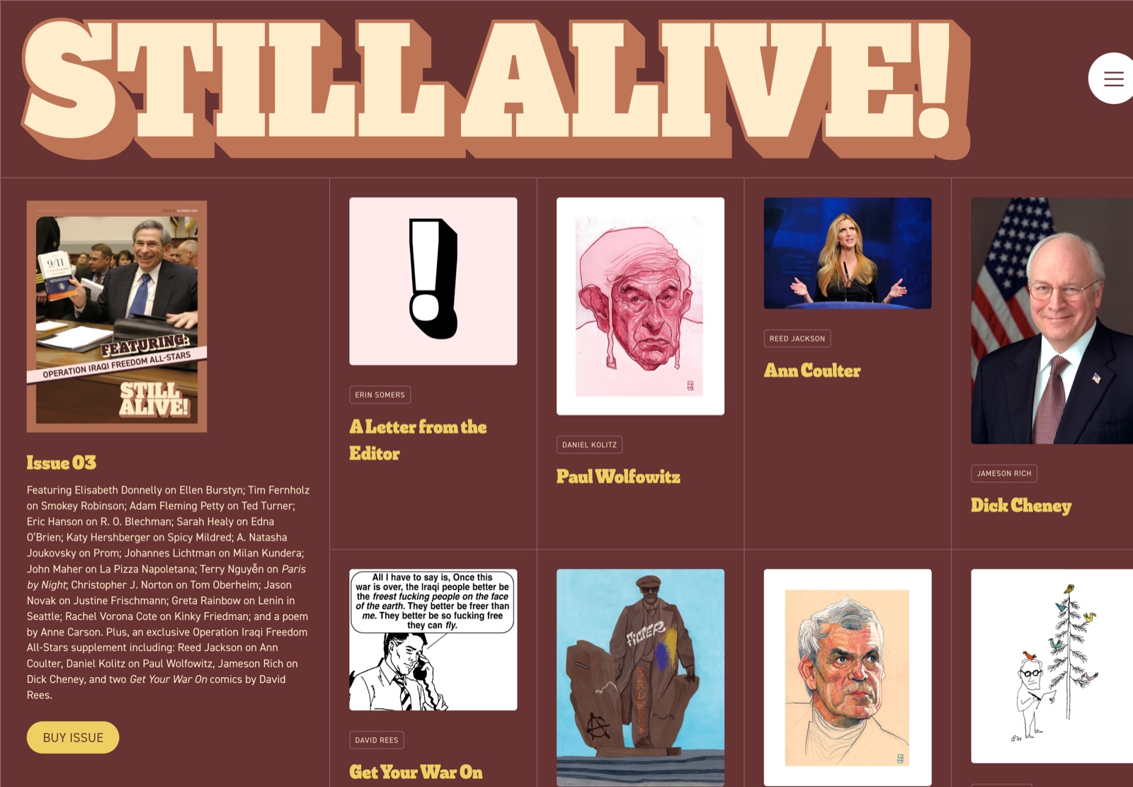 The Still Alive home page: the wordmark across the top, the current issue’s cover and contributor list at left, article cards at right.