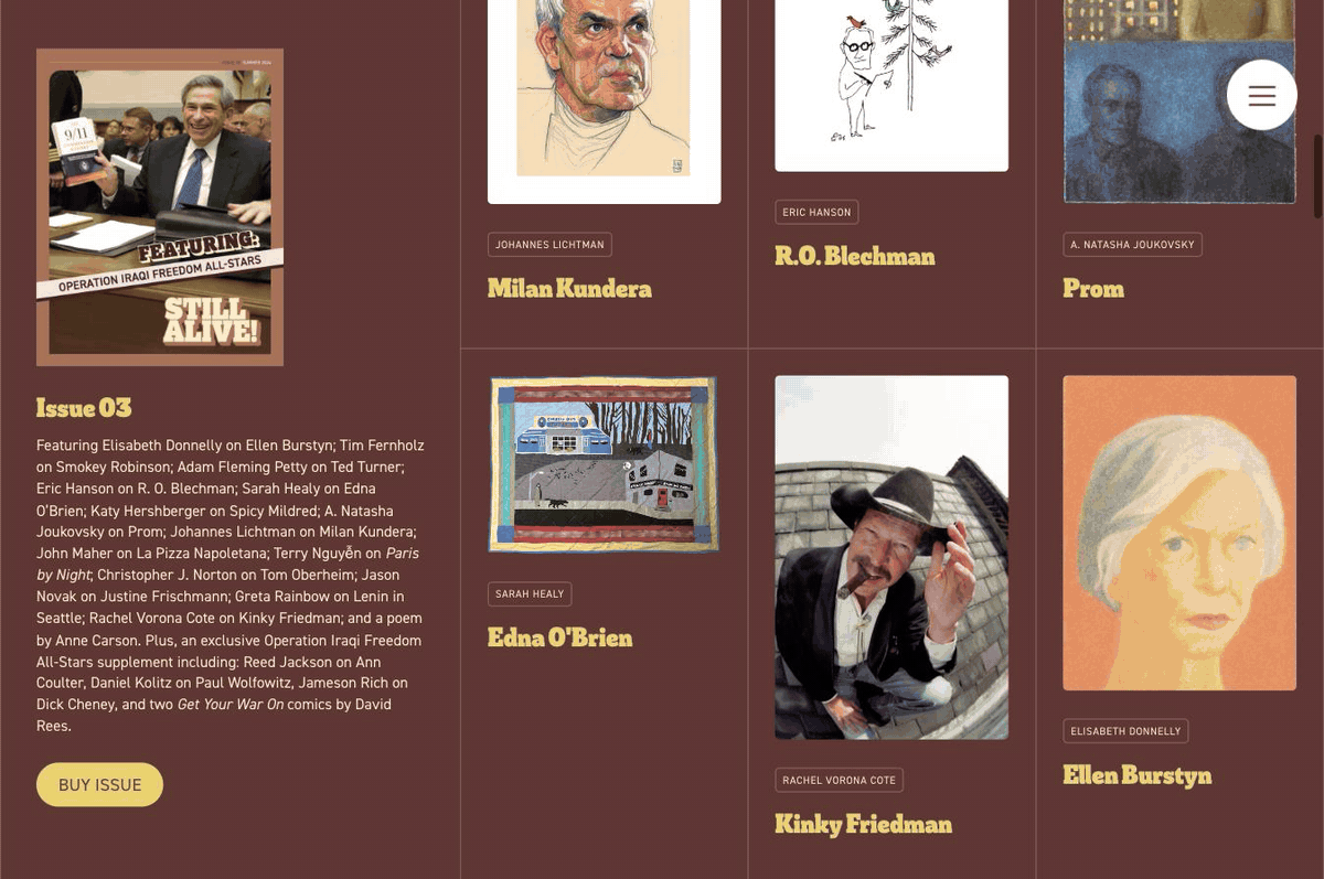 The home page scrolling: the issue’s cover and contributor list held in place at left while article cards scroll past at right.