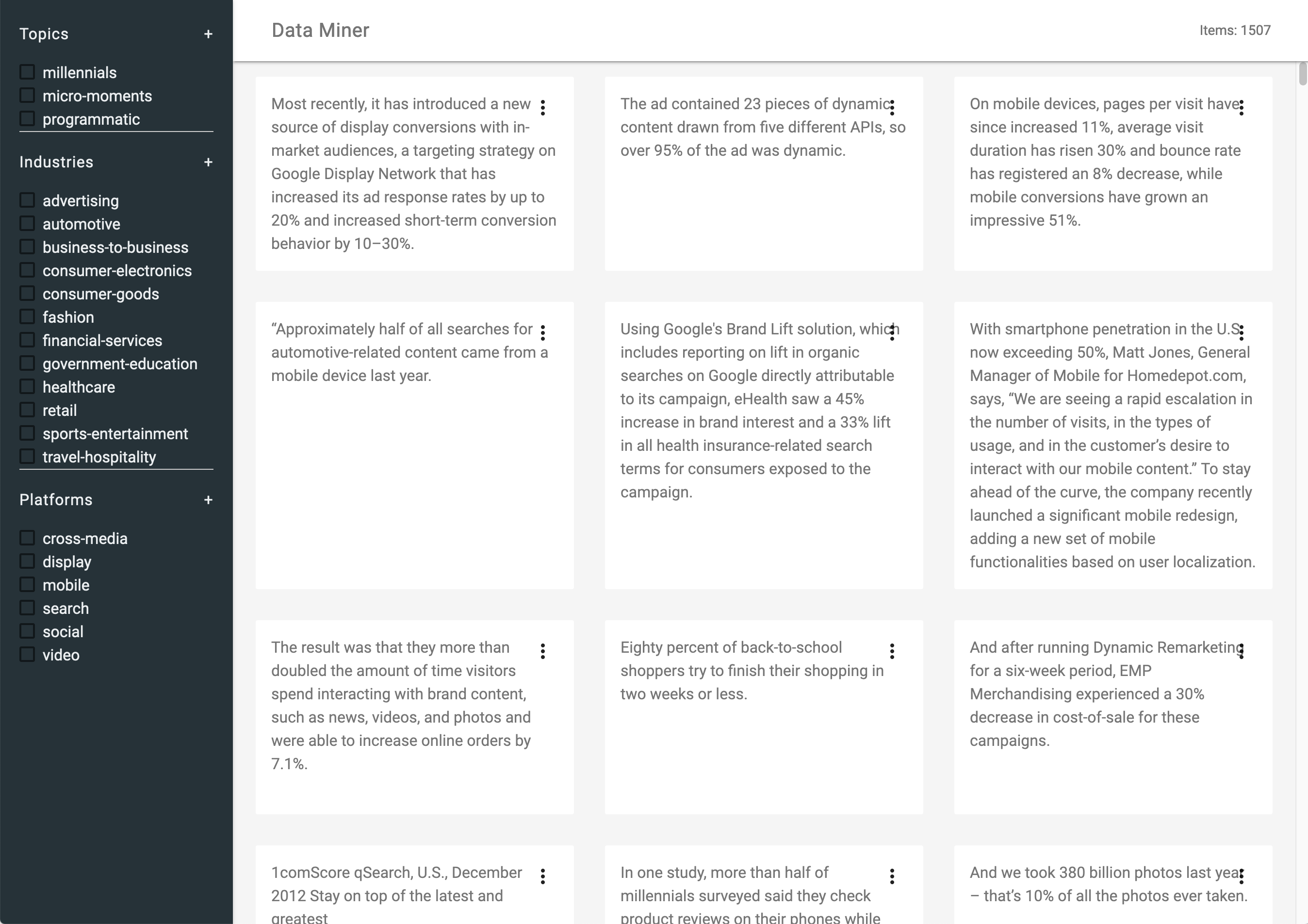 I built a web-based prototype to validate approaches to filtering and categories. Using the same set of content we were using to plan for content editing and creation helped demonstrate the kinds of results that might be surfaced when a user selected a specific set of filters.